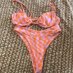 Aurelle Bikini- size small. Pink & orange checkered pattern